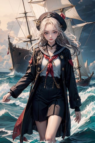 (masterpiece)  A seasoned sailor, standing at the helm of a ship, navigating through stormy seas with a map in hand. The character's expression should convey determination and focus as they chart their course through rough waters.

The sailor is dressed in traditional maritime attire, wearing a well-worn but sturdy captain's coat that billows in the wind. The coat is adorned with nautical symbols and patches that hint at previous voyages and maritime achievements. Underneath, they wear practical, salt-stained clothing suitable for the rigors of life at sea.

Their hands, calloused and roughened by years of handling ropes and sails, grip the ship's wheel with a firm and confident hold. The sleeves of their coat are rolled up, revealing strong, weather-beaten forearms that showcase the physical strength required for a life on the open sea.

A wide-brimmed hat shields the sailor's face from the driving rain, with strands of salt-soaked hair escaping from beneath. Their face is etched with wrinkles, telling tales of countless adventures and challenges faced on the high seas. The sailor's eyes, however, gleam with a spark of determination and wisdom, revealing the resilience that comes from navigating through storms both literal and metaphorical.

Around the sailor's neck hangs a compass on a weathered chain, a symbol of their unwavering commitment to charting a course through uncharted waters. The compass needle points true, guiding them through the storm with a blend of skill and intuition.

Overall, the seasoned sailor exudes a timeless, seafaring charm, embodying the archetype of a master navigator who has weathered the harshest seas and emerged stronger and wiser.(Miho Hirano art)