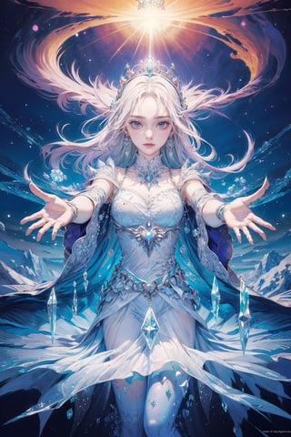 (masterpiece), A (1MALE) psychic mage stands, their outstretched hands, Crown of swirling ice, adorned with crystalline patterns that radiate cold energy(Masterpiece:1.3) (best quality:1.2) (high quality:1.1), The landscape is surreal, with fantasy buildings (Yoshitaka Amano, Miho Hirano Style)