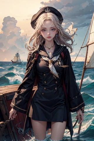 (masterpiece)  A seasoned sailor, standing at the helm of a ship, navigating through stormy seas with a map in hand. The character's expression should convey determination and focus as they chart their course through rough waters.

The sailor is dressed in traditional maritime attire, wearing a well-worn but sturdy captain's coat that billows in the wind. The coat is adorned with nautical symbols and patches that hint at previous voyages and maritime achievements. Underneath, they wear practical, salt-stained clothing suitable for the rigors of life at sea.

Their hands, calloused and roughened by years of handling ropes and sails, grip the ship's wheel with a firm and confident hold. The sleeves of their coat are rolled up, revealing strong, weather-beaten forearms that showcase the physical strength required for a life on the open sea.

A wide-brimmed hat shields the sailor's face from the driving rain, with strands of salt-soaked hair escaping from beneath. Their face is etched with wrinkles, telling tales of countless adventures and challenges faced on the high seas. The sailor's eyes, however, gleam with a spark of determination and wisdom, revealing the resilience that comes from navigating through storms both literal and metaphorical.

Around the sailor's neck hangs a compass on a weathered chain, a symbol of their unwavering commitment to charting a course through uncharted waters. The compass needle points true, guiding them through the storm with a blend of skill and intuition.

Overall, the seasoned sailor exudes a timeless, seafaring charm, embodying the archetype of a master navigator who has weathered the harshest seas and emerged stronger and wiser.(Miho Hirano art)