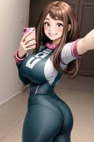 1girl, 16k, tight clothes, horny, blush with grin face, big ass, big_thighs, hair, taking selfie gigantic_breadts, clear eyes, looking to the camera, uh1,hmochako