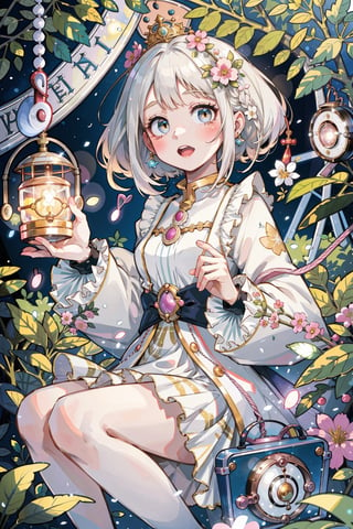 (masterpiece, best quality, highres:1.3), ultra resolution image, (1girl), (solo), kawaii, white hair, fluffy clouds, sweet, stuffed animal, tree house, lantern softly glowing, fantasy, dreamy, joyful energy, gentle, dreamy, cozy, charm of childhood, (nature music box:1.5), tiny flower crown, delight, innocent, liveliness, nature accessories, garden, gentle breeze,hmkotori, short hair,hmochako