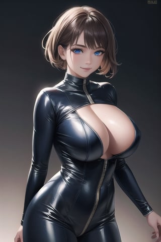 8k, hdr, ultra high res, raw photo, best quality, photorealistic, masterpiece, 1girl, solo, beautifull face, detailed face, blue eyes, expressive eyes, smile, huge breasts, sexy cleavage, intricate detailed, slim body, catsuit outfit , detailed skin, backstreet background