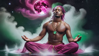 ((Astral Projection)) A beautiful black man (model) with magenta cornrows hair and body resembling steam in water, meditating in lotus position and floating in the air, wearing magenta and white outfit with big half moon in the background and two big green planets. He is on fire. Aurora boreale, cosmos. Full body. Magical background. Wallpaper. Flower petals blow in the wind. It's snowing, Perfect face, perfect eyes, HD details, high details, sharp focus, studio photo, HD makeup, shimmery makeup, ((centered image)) (HD render) Studio portrait, magic, magical, fantasy.