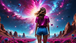 ultra realistic 8k cg, flawless, clean, masterpiece, professional artwork, famous artwork, cinematic lighting, cinematic bloom,  abstract and colorful style, magenta and blue, background focus,,  vast galaxy, cosmic energy, 1girl from behind, blue short pants, amazing shirt, standing and looking at the sky, colorful splashes,(((monolithic))), deep space, floating, ((no characters)),  artwork in 8 style drawn inside graphic illustration studio quality hdr in unreal engine and octane realistic 8, dramatic deep style, glitter,shiny,glitter