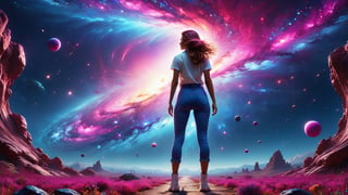 ultra realistic 8k cg, flawless, clean, masterpiece, professional artwork, famous artwork, cinematic lighting, cinematic bloom,  abstract and colorful style, magenta and blue, background focus,,  vast galaxy, cosmic energy, 1girl from behind, blue short pants, white shirt, standing and looking at the sky, colorful splashes,(((monolithic))), deep space, floating, ((no characters)),  artwork in 8 style drawn inside graphic illustration studio quality hdr in unreal engine and octane realistic 8, dramatic deep style, glitter,shiny,glitter