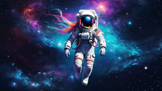 StunningDigital drawing of a beautiful, cute, attractive magical fantasy astronaut, floating in the space, full body, Big colorful long hair on the helmet, with visible whole body, Tight astronaut suit, Stardust, Background galaxy, Ultra high quality clarity,
