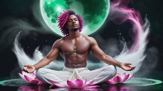 ((Astral Projection)) A beautiful black man (model) with magenta twists hair and body resembling steam in water, meditating in lotus position and floating in the air, wearing magenta and white outfit with big half moon in the background and two big green planets. He is on fire. Aurora boreale, cosmos. Full body. Magical background. Wallpaper. Flower petals blow in the wind. It's snowing, Perfect face, perfect eyes, HD details, high details, sharp focus, studio photo, HD makeup, shimmery makeup, ((centered image)) (HD render) Studio portrait, magic, magical, fantasy.