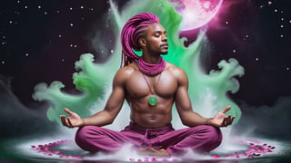 ((Astral Projection)) A beautiful black man (model) with magenta box braids hair and body resembling steam in water, meditating in lotus position and floating in the air, wearing magenta and white outfit with big half moon in the background and two big green planets. He is on fire. Aurora boreale, cosmos. Full body. Magical background. Wallpaper. Flower petals blow in the wind. It's snowing, Perfect face, perfect eyes, HD details, high details, sharp focus, studio photo, HD makeup, shimmery makeup, ((centered image)) (HD render) Studio portrait, magic, magical, fantasy.