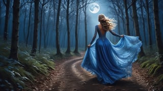 (Masterpiece, ultra detailed, hyper quality) Back view of a beautiful woman in a beautiful blue gown running through forest, long bonde hair, intricate beautiful gown, (moonlight streaming:1.5), moon above her,  

photo r3al,photo r3al
