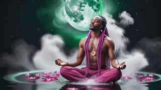 ((Astral Projection)) A beautiful black man (model) with black box braids hair and body resembling steam in water, meditating in lotus position and floating in the air, wearing magenta and white outfit with big half moon in the background and two big green planets. He is on fire. Aurora boreale, cosmos. Full body. Magical background. Wallpaper. Flower petals blow in the wind. It's snowing, Perfect face, perfect eyes, HD details, high details, sharp focus, studio photo, HD makeup, shimmery makeup, ((centered image)) (HD render) Studio portrait, magic, magical, fantasy.