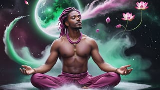 ((Astral Projection)) A beautiful black man (model) with magenta braided hair and body resembling steam in water, meditating in lotus position and floating in the air, wearing magenta and white outfit with big half moon in the background and two big green planets. He is on fire. Aurora boreale, cosmos. Full body. Magical background. Wallpaper. Flower petals blow in the wind. It's snowing, Perfect face, perfect eyes, HD details, high details, sharp focus, studio photo, HD makeup, shimmery makeup, ((centered image)) (HD render) Studio portrait, magic, magical, fantasy.