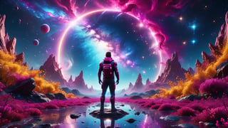 ultra realistic 8k cg, flawless, clean, masterpiece, professional artwork, famous artwork, cinematic lighting, cinematic bloom,  abstract and colorful style, magenta and blue, background focus,,  vast galaxy, cosmic energy, 1man standing and looking at the sky, colorful splashes,(((monolithic))), deep space, floating, ((no characters)),  artwork in 8 style drawn inside graphic illustration studio quality hdr in unreal engine and octane realistic 8, dramatic deep style, glitter,shiny,glitter