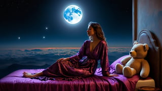 In a peaceful scene under the stars, a beautiful girl lies on a soft bed, wearing comfortable nightgown and sleepwear to help her relax after a long day. Covered by a light orange soft and fluffy quilt, it is comfortable and enjoyable. Pajamas and pajamas are made of soft and comfortable fabrics to provide maximum comfort, with a beloved teddy bear in your arms symbolizing warmth, security and childhood nostalgia. The background is set against the vast starry sky, creating a tranquil and dreamy atmosphere. Twinkling stars light up the night, evoking feelings of calm and tranquility.

Earth, Moon, and Sun in a syzygy, aligned amidst the vast cosmos, with a solar eclipse casting a sharp shadow on Earth.Style: Photorealism fused with gothic sci-fi and Baroque, drawing inspiration from Beksinski and Caravaggio. This approach emphasizes the ethereal vastness around the alignment, adorned with fractal patterns and cosmic colors.Details: 1girl sitting. Earth foregrounded as a delicate blue marble, shadowed subtly to highlight continents and oceans. The Moon in different positions, casts a dark umbra on Earth, depicting the path of totality. The Sun, in radiant purple and magenta, forms a stunning corona effect around the Moon.Composition: The celestial bodies are aligned against a backdrop of space, enriched with Beksinski-like surrealism and Caravaggio-inspired chiaroscuro, enhancing the scene's dramatic and mysterious quality.Render: 8K UHD, HDR, focusing on depth and clarity. The detailed rendering showcases the syzygy's precision, black theme, dark, night mode
