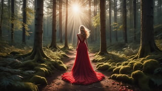 (Masterpiece, ultra detailed, hyper quality) Back view of a woman in a red gown walking through forest, long bonde hair, intricate beautiful gown, (sunlight streaming:1.5), moon above her,  

photo r3al,photo r3al