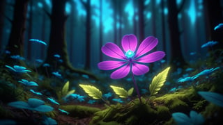 bioluminescent magenta flower,fabulous night forest,magical radiance,Concept art,depth of field,Raw photo,realistic,cinematic lighting,soft shadows,sharp focus,fractal,colorful,depth of field,best quality,16k resolution,vivid colors,volumetric lighting,,detailmaster2, cinematic moviemaker style