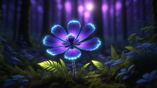 bioluminescent purple flower,fabulous night forest,magical radiance,Concept art,depth of field,Raw photo,realistic,cinematic lighting,soft shadows,sharp focus,fractal,colorful,depth of field,best quality,16k resolution,vivid colors,volumetric lighting,,detailmaster2, cinematic moviemaker style