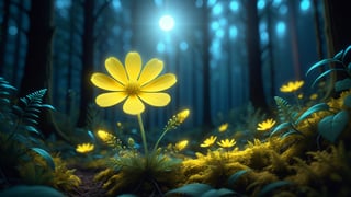 bioluminescent yellow flower,fabulous night forest,magical radiance,Concept art,depth of field,Raw photo,realistic,cinematic lighting,soft shadows,sharp focus,fractal,colorful,depth of field,best quality,16k resolution,vivid colors,volumetric lighting,,detailmaster2, cinematic moviemaker style