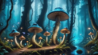 enchanted forest with towering, bioluminescent mushrooms, and mystical creatures.
