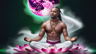 ((Astral Projection)) A beautiful black man (model) with black cornrows hair and body resembling steam in water, meditating in lotus position and floating in the air, wearing magenta and white outfit with big half moon in the background and two big green planets. He is on fire. Aurora boreale, cosmos. Full body. Magical background. Wallpaper. Flower petals blow in the wind. It's snowing, Perfect face, perfect eyes, HD details, high details, sharp focus, studio photo, HD makeup, shimmery makeup, ((centered image)) (HD render) Studio portrait, magic, magical, fantasy.