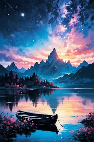 Use liquid ink,painted world,Mountain scenery and tranquil lake, boat ,the lake reflects the mountain scenery, dark night and brilliant starry sky. The sky is full of constellations.