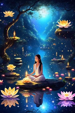 Around the image of the galaxy and the half-dark sky, floating candles on the pond, bright lotus flowers on the pond, dense forest, luminous butterflies, beautiful fireflies sitting on a boulder in meditation, half-naked, long dark hair, angular face, eyes  Big white and gold angels on the tree branches