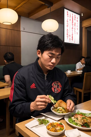 indonesian man, 20 years old man, wearing varsity jacket, varsity jacket, eating in a japnese restaurant, restaurant background, crowded, people dining in japanese restaurant, french crop hair,kobeyarestaurant