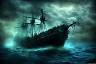 The barco fantasma, a phantom ship that has haunted the seas for centuries, materializes before you in a burst of spectral energy. Its ethereal appearance and eerie aura make it a sight to behold, but beware - for those who dare to board may never return.,more detail XL,LegendDarkFantasy,DonMn1ghtm4reXL,greg rutkowski