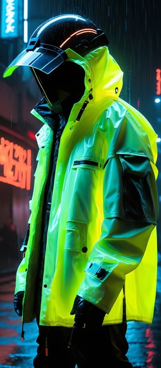 robert t , techno style , streetwear coat, full helmet, night, neon, rain, blade runner , 1990s