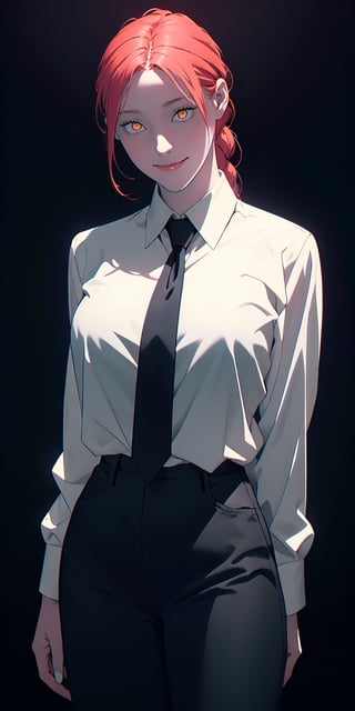  makima, braided ponytail, girl figure,big breasts,ringed eyes, red hair, yellow eyes, collared shirt, black necktie, black pants, black coat, cowboy shot, facing viewer, hands behind back, dark background, (blood on shirt),blood, light smile, glowing eyes,  wide eyes, darkness, silhouette,