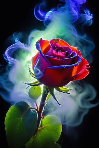 A single red rose with detailed petals and green leaves, illuminated by neon lighting in purple, and blue hues, surrounded by ((swirling fog)) and smoke, against a dark black background, creating a moody and artistic atmosphere, Photographic style, using a macro lens with studio lighting and HDR settings.
