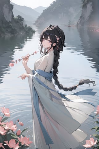 1 Chinese woman, 30 yo,with long black hair (braid), a pink lily in her hair, wearing a blue flat mouth, white translucent Hanfu, holding a branch with red peach blossoms in her hand, posing like a battle, the background is on the bank of the river in the south of the Yangtze River,4k, elegant, no expression