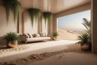 commercial photorealistic,living room in the style of Hanging Gardens of Babylon,floor is covered with sand like desert,at night,white background,dramatic studio lighting