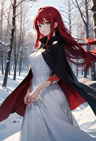 A tall girl, long red hair, green eyes, in a beautiful snow-white dress with a black cape, stands half-turned looking at the viewer, in the forest between  trees, moves towards the viewer, in motion 