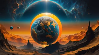Subject: Earth, Moon, and Sun in a syzygy, aligned amidst the vast cosmos, with a solar eclipse casting a sharp shadow on Earth.Style: Photorealism fused with gothic sci-fi and Baroque, drawing inspiration from Beksinski and Caravaggio. This approach emphasizes the ethereal vastness around the alignment, adorned with fractal patterns and cosmic colors.Details: Earth foregrounded as a delicate blue marble, shadowed subtly to highlight continents and oceans. The Moon, centered, casts a dark umbra on Earth, depicting the path of totality. The Sun, in radiant oranges and yellows, forms a stunning corona effect around the Moon.Composition: The celestial bodies are aligned against a backdrop of space, enriched with Beksinski-like surrealism and Caravaggio-inspired chiaroscuro, enhancing the scene's dramatic and mysterious quality.Render: 8K UHD, HDR, focusing on depth and clarity. The detailed rendering showcases the syzygy's precision, contrasted against the gothic and Baroque influences ,black theme, dark, night mode