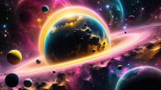close up angal ((on the )) , (( yellow pink black planets) , detailed focus, deep bokeh, beautiful, dreamy colors, black dark cosmic background, cosmic dreamscape, mist magic, HDR image.. Visually delightful ,3D,more detail XL , ,more detail XL