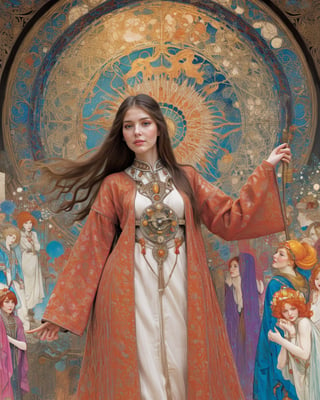 design by Harry Clarke, Eugene Grasset and Alphonse Mucha, Clockpunk, extreme wide shot of a beautiful brunette girl (Girl:1.3) surrounded by a couple of people, long hair, Smiling, World of Concept Art, Panorama, extremely hyper-aesthetic,, Guilty, backlit, depth of field 270 mm, four colors, detailed skin, absurd, darkroom, argazxl, traditional dress. nude