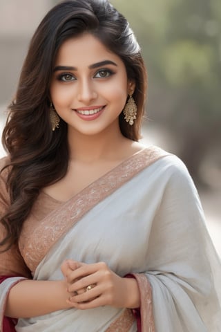 (best quality, 4k, 8k, highres, masterpiece:1.2), ultra-detailed, realistic, cute smile, beautiful detailed face, beautiful detailed hands, extremely detailed eyes, long eyelashes, curvy_figure,Sexy Pose,wearing_trouser_qameez_duppata,looking_at_viewer