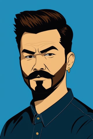 AiArtV, Flat Illustration, Vector Illustration, solo,dark brown,simple background,brown hair,shirt,black hair,1boy,upper body,male focus,earrings,artist name,signature,facial hair, beard,blue background,mustache,starting future (umamusume),print shirt,angry,closeup,gangster,looking_at_viewer