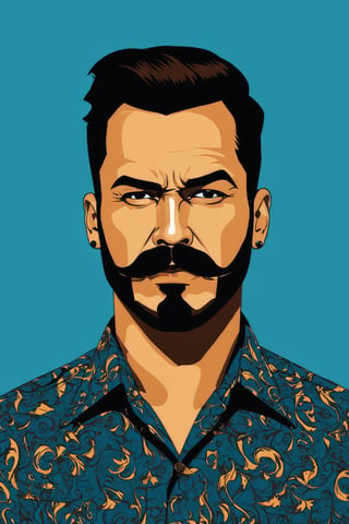 AiArtV, Flat Illustration, Vector Illustration, solo,dark brown,simple background,brown hair,shirt,black hair,1boy,upper body,male focus,earrings,artist name,signature,facial hair, beard,blue background,mustache,smoking cigar,print shirt,angry,closeup,gangster,looking_at_viewer