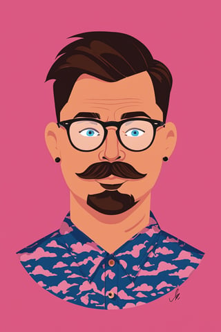 AiArtV, Flat Illustration, Vector Illustration, solo,blue eyes,simple background,brown hair,shirt,black hair,1boy,upper body,male focus,earrings,glasses,artist name,signature,facial hair,pink background,mustache,smoking,print shirt