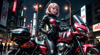 Futuristic girl, female alien suit, detailed, ultra HD quality, hdr reflection, reflector light, pink hair, riding a handsome motorcycle , whole body, in the futuristic tokyo cyberpunk style