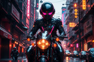 r1ge, Futuristic girl, female "ROG" alien suit, motox fox helmet, detailed, ultra HD quality, hdr reflection, pink hair, reflector light,riding a handsome motorcycle, in the futuristic republic of gamers cyberpunk style