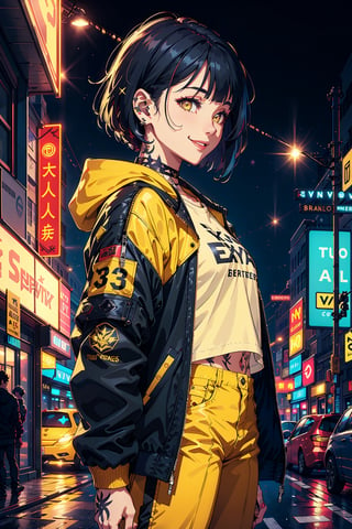 Best quality, masterpiece, 1girl, short blunt bob hair, yellow eyes, tattoos, yellow pants,yellow shirt,Extreme long shot, upper body, ear piercings, black bomber jacket, profile picture, smiling,city night background,neon sign,outfit-km,High detailed ,glitter