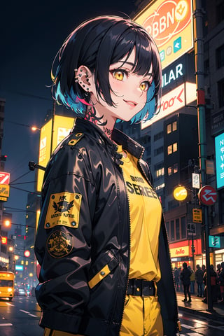 Best quality, masterpiece, 1girl, short blunt bob hair, yellow eyes, tattoos, yellow pants,yellow_shirt, upper body, ear piercings, black bomber jacket, profile picture, smiling,city night background,neon sign,outfit-km