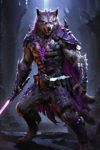 lycanthrope holding a purple lightsaber, muscled, wearing armor, with battle wounds. in battle pose
,Masterpiece,tatsumaki,werewolf,nlgtstyle,BloodPunkAI
