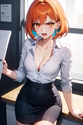 1girl, angry, yelling at viewer,
short haircut, orange hair, orange eyes,
white shirt, black pencil skirt, cleavage, small breasts,
in office,
(best quality), colorful, vibrant colors, masterpiece, high contrast, detailed, best quality, high resolution,Pantylines