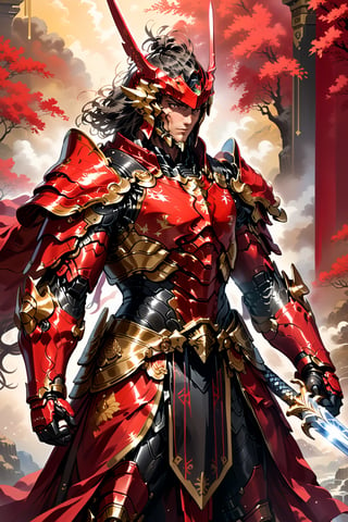 Generate a breathtakingly vivid and detailed image featuring a male warrior sentinel clad in resplendent red and black armor, brandishing a magnificent sword with an aura of power. Set against a backdrop of pristine white and radiant gold chromatic hues, evoke a sense of majesty and grandeur. Capture the warrior's unwavering determination and strength, infusing every detail with lifelike realism and dynamic energy. Utilize [insert website URL] to ensure the image exudes the epitome of nobility and valor,more detail XL,mecha