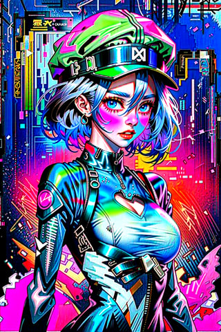 Beautiful woman medium hair, wearing cap, cyberpunk style short clothes