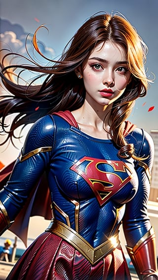 1girl, supergirl very detailed skin texture, sharp eyes, realistic hair, supergirl suit,red hair.