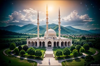 The image is a fantastical and vibrant artwork depicting a large,  majestic gigantic tree with like in paradise,  surrounded by a small tree,  lush landscape and a starry sky. The scene is illuminated by the light from a setting or rising sun in the background,  river,  hill,  valley,  village,  all house in colour white marble,  fantasy, ((Javanese Mosque))

